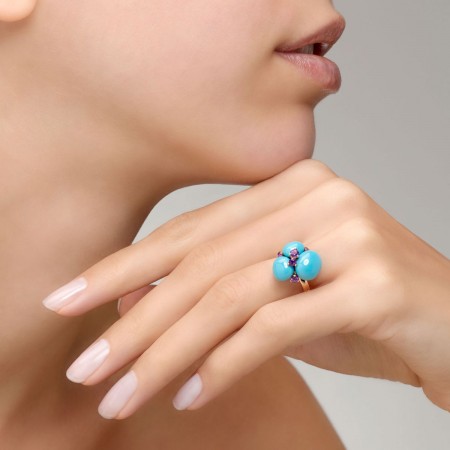 Bague en or rose, céramique turquoise et Améthyste