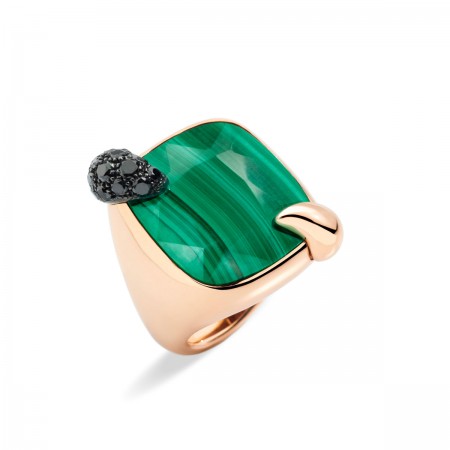 Bague en or rose 18K avec Malachite 21ct et 19 Diamants Noirs Traités