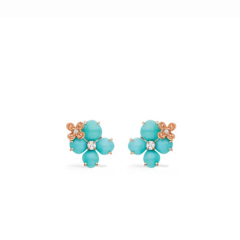 Boucles d'oreilles en Or rose - turquoise  - 4 diamants