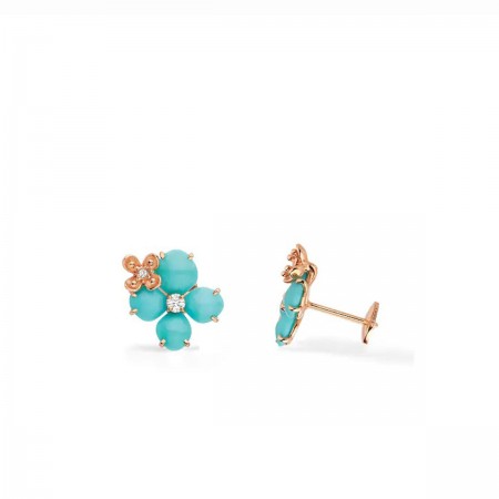 Boucles d'oreilles en Or rose - turquoise  - 4 diamants