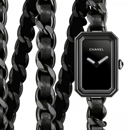 Montre Première Rock - Triple tour en acier avec revêtement noit et cuir noir, cadran laqué noir - CHANEL