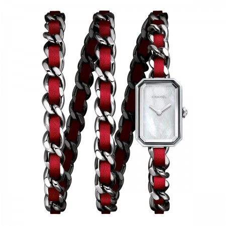 Montre Première Rock - Triple tour en acier et cuir rouge, cadran nacre blanche - CHANEL - voir la version taille réelle