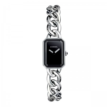Montre Première Chaîne - Petit modèle, acier, cadran noir - CHANEL - Vue par défaut - voir la version taille réelle