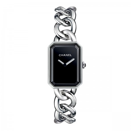 Montre Première Chaîne - Grand modèle, acier, cadran noir - CHANEL - Vue par défaut - voir la version taille réelle