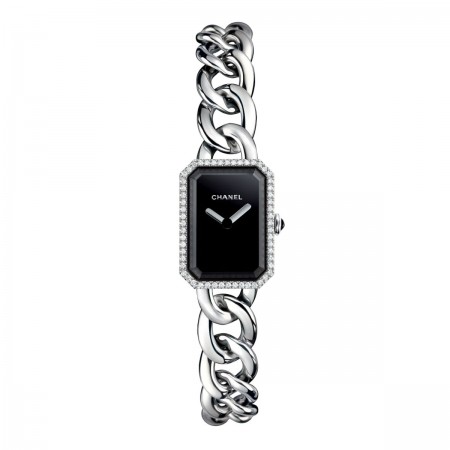 Montre Première Chaîne - Petit modèle, acier et diamants, cadran noir - CHANEL - Vue par défaut - voir la version taille réelle