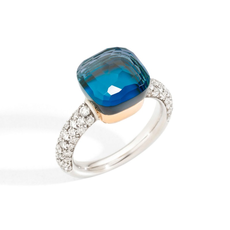 Bague Nudo Pomellato avec topaze bleu London et turquoise